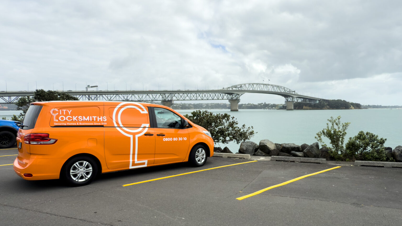 City Locksmiths Parked at Westhaven looking towards Auckland Harbour Bridge